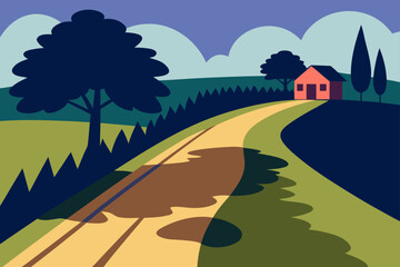 Obraz premium Vector landscape illustration with green trees, mountains, a winding road, and a vibrant sky at sunset