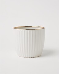 Ribbed ceramic planter with gold rim detail on plain white background