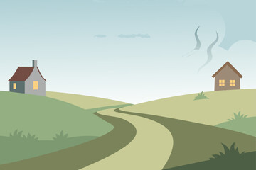 Naklejka premium Cartoon vector illustration of a peaceful rural landscape with a charming cottage, winding road, green trees, and a distant church under a blue summer sky