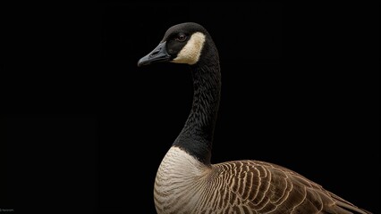 Obraz premium Mixed-species goose (Headed-barred goose x Canada goose) shown against a black backdrop, focusing on its attributes