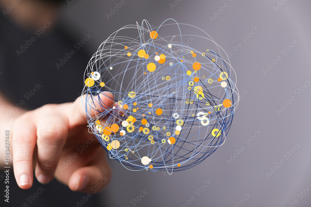 Poster abstract image of a hand interacting with a digital network. represents global connections, data flo