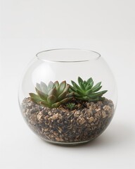 Transparent glass terrarium bowl pot for succulents on plain white background