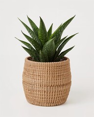 Woven rattan basket style indoor pot design on plain white background
