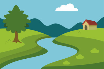 A serene country road winds through a vibrant green meadow toward majestic mountains under a clear summer sky