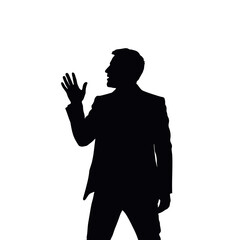 Businessman silhouette gesturing with hand while speaking on white background