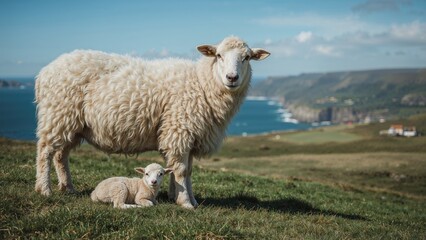 Fototapeta premium Lamb and sheep on a grassy rise beside the northern waters