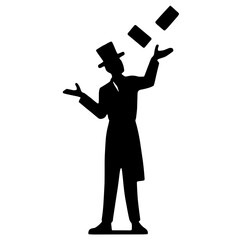 Magician silhouette juggling cards with expressive stance on white background