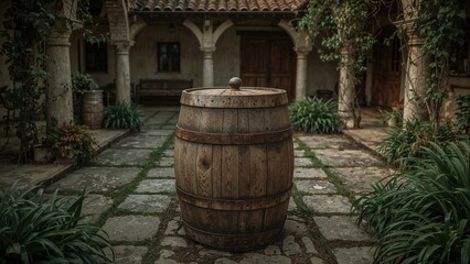Old wooden wine barrel positioned in a rural farm setting