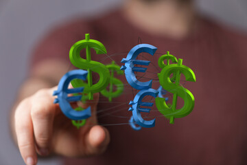 Hand interacting with a network of dollar and euro symbols, representing global finance and...