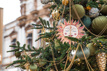 Magical Christmas background. Concept of preparation and decoration for the New Year. Holiday toys...