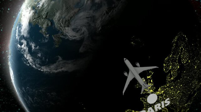Airplane Flight from Paris to Los Angeles, Space, Earth, 3D Render
