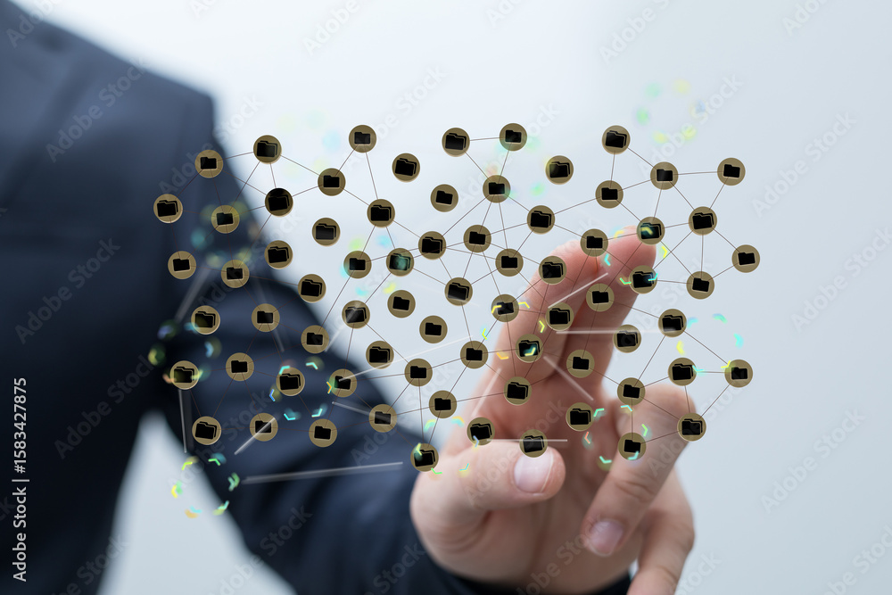 Poster visual representation of interconnected data files. ideal for network, cloud, and data management co