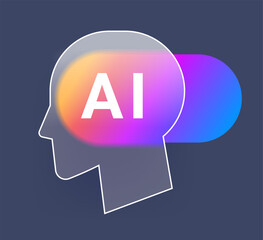 Human head with artificial intelligence label glass morphism icon. Ai service vector symbol on dark background
