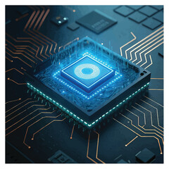 Technology quantum blue portal on circuit motherboard with thin line glowing wires. Tech background. Ai chip concept. Abstract light neon square frame .