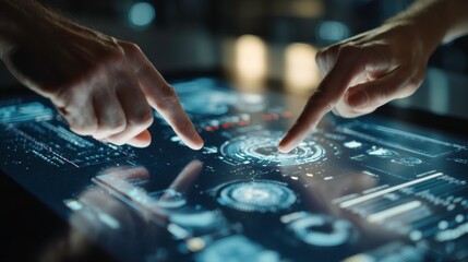 Hands Interacting with Futuristic Touchscreen Technology Interface