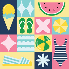 Geometric summer and travel banner template in flat minimalist style. Background for print, card, poster, flyer and social media