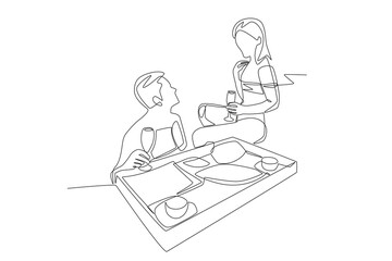 Romantic couple having breakfast at the swimming pool during holiday. Romantic trips concept one-line drawing