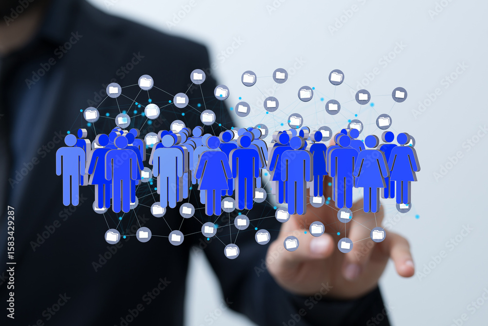Poster visual representation of interconnected people and data files. ideal for network, teamwork, and data