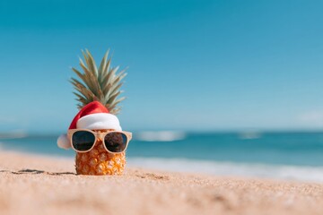 Tropical pineapple wearing a Santa hat and sunglasses on a sandy beach. Christmas holiday vacation or New year celebration.