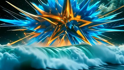 Immerse in a cascade of shimmering gold and sapphire hues that ebb and surge like ocean waves, unveiling exploding shards from noise hazy abstract starburst geometry that emerge with a - Powered by Adobe