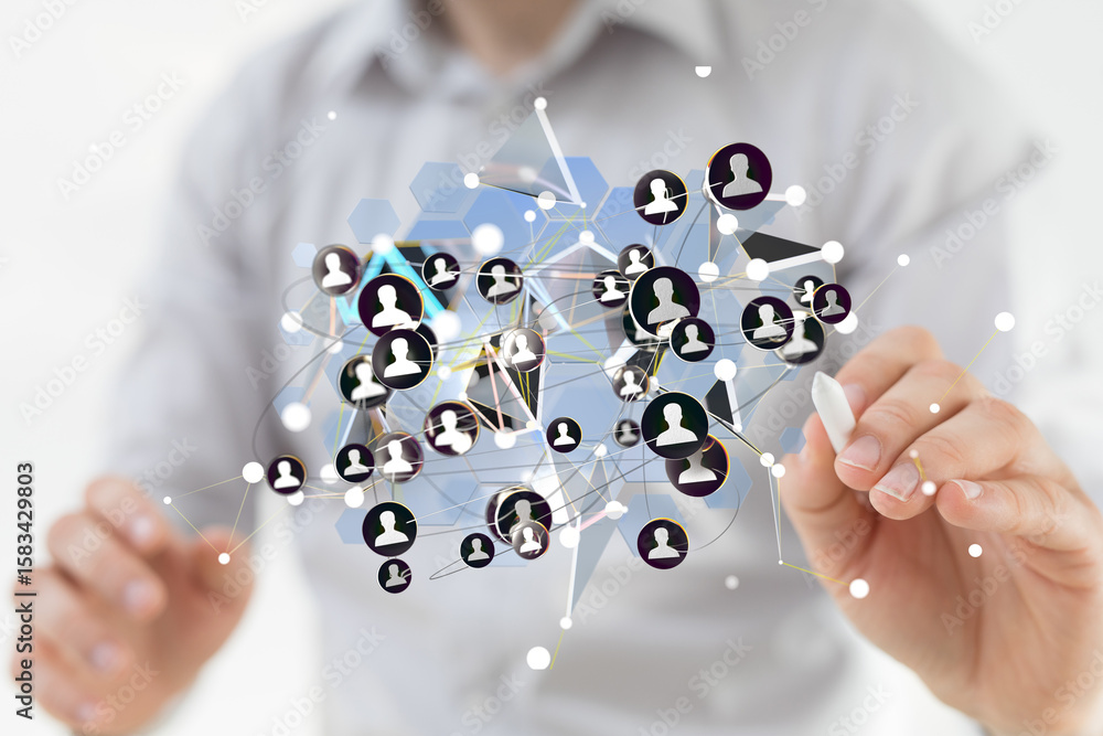 Poster image of a person interacting with a digital network, showing connections and teamwork.