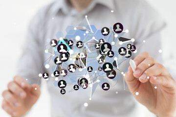 Image of a person interacting with a digital network, showing connections and teamwork.