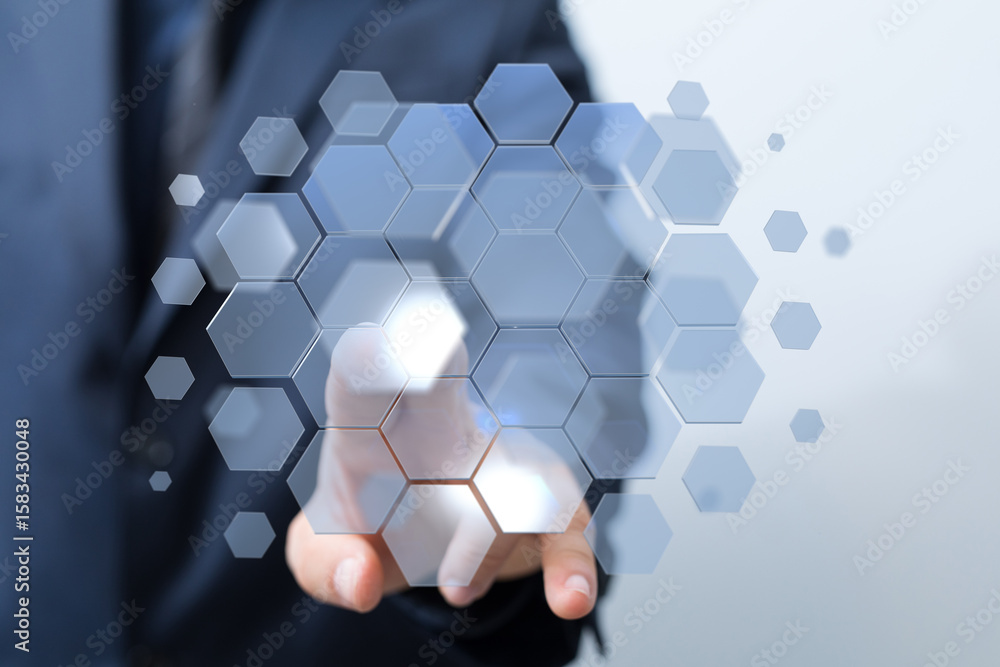 Poster abstract image of a businessman interacting with a digital hexagon network. represents technology, c