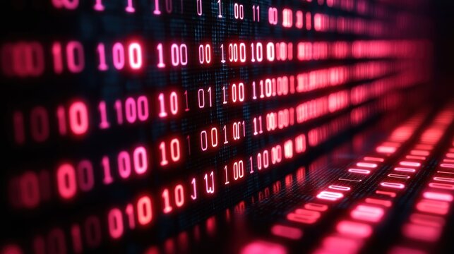 Digital binary code display, vibrant red and pink