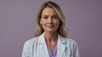A blonde female doctor in a white coat poses for a portrait, conveying professionalism and expertise in healthcare. The background