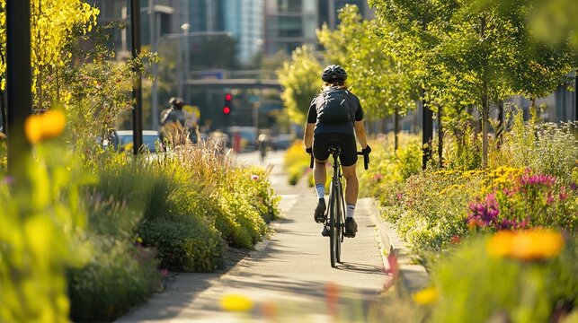 A cyclist commuting in a green city with designated bike lanes and urban greenery.