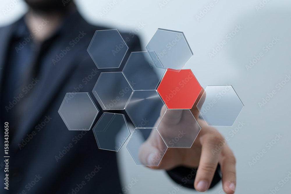 Aufkleber image of a businessman interacting with a digital network, highlighting a key data point.