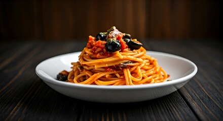 Close-up view of a tempting plate of spaghetti, generously dressed with tomato sauce and olives.