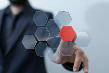 Image of a businessman interacting with a digital network, highlighting a key data point.