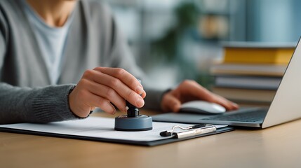 Fototapeta premium Person stamping a document while using a laptop and computer mouse
