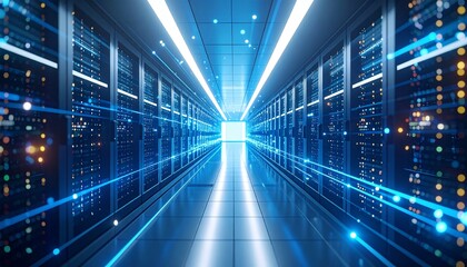 
Holographic data streams flowing through futuristic server room with pulsing LED indicators and fiber optic cables networking