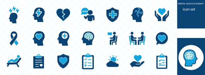 Mental health icon set. Containing depression, bipolar, PTSD, panic and mind disorder icons..