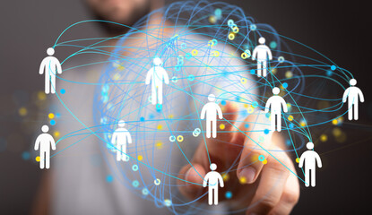 Image of a hand interacting with a digital network of people, representing global connections and...