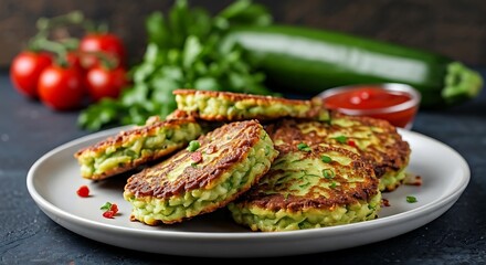 A stack of golden-brown zucchini fritters served with red sauce creates inviting food still life.