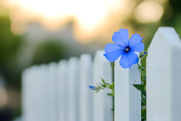a blue flower is growing through a white picket
