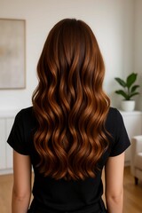 Back view of a woman with shiny light brown wavy hair and copper highlights in a minimalist salon &ndash; perfect hairstyle inspiration for beauty salons and hair professionals