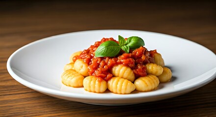 Close-up captures appetizing gnocchi dish topped with tomato sauce and fresh basil on a white plate.