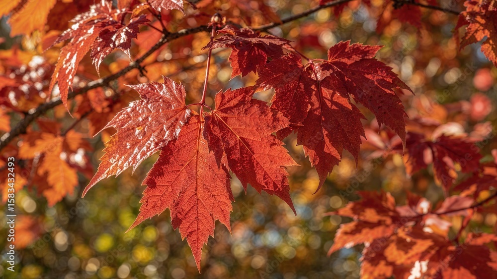Poster harvest collection highlighting fiery red wild grape leaves with bokeh effect