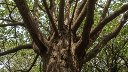 Obraz premium Majestic view of an ancient tree from below showcasing its thick trunk and sprawling branches against a backdrop of greenery and sky