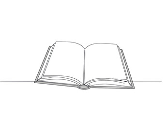 A minimalist one-line art drawing of an open book with blank white pages, elegant black line, floating centered on a transparent background with copy space and bright studio lighting. Concept of