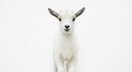 Obraz premium Chevreau blanc adorable regarde fixement lumiere douce fond blanc. AI Generated