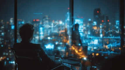 Businessman Contemplating Future with City Skyline and Graph Overlay