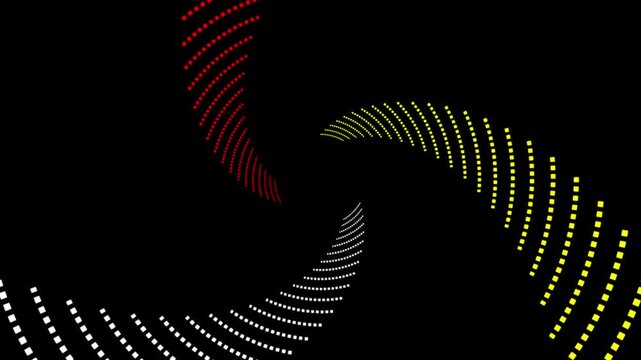 Abstract background pattern of 3 circular dotted lines in red, white, yellow, centered around a circle, rotating.
