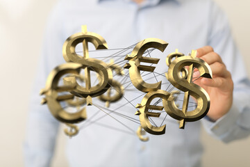 Interconnected dollar and euro symbols represent international finance and global markets.