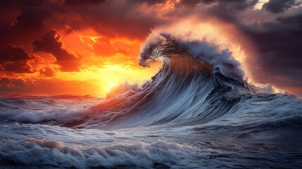 Dramatic sunset over a massive ocean wave
