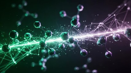 Detailed Molecular Structure with Green and Purple Hues Connected by Glowing Rays in Abstract Science Concept - Powered by Adobe